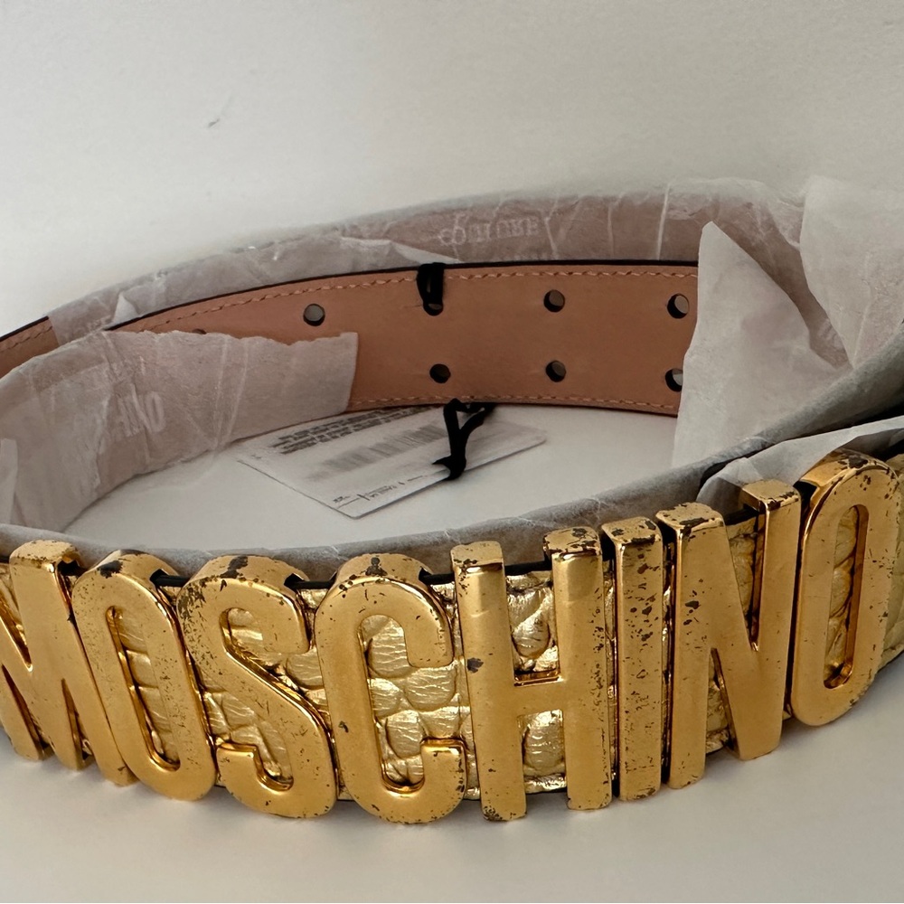 MOSCHINO Logo Croc Embossed Calfskin Leather Belt